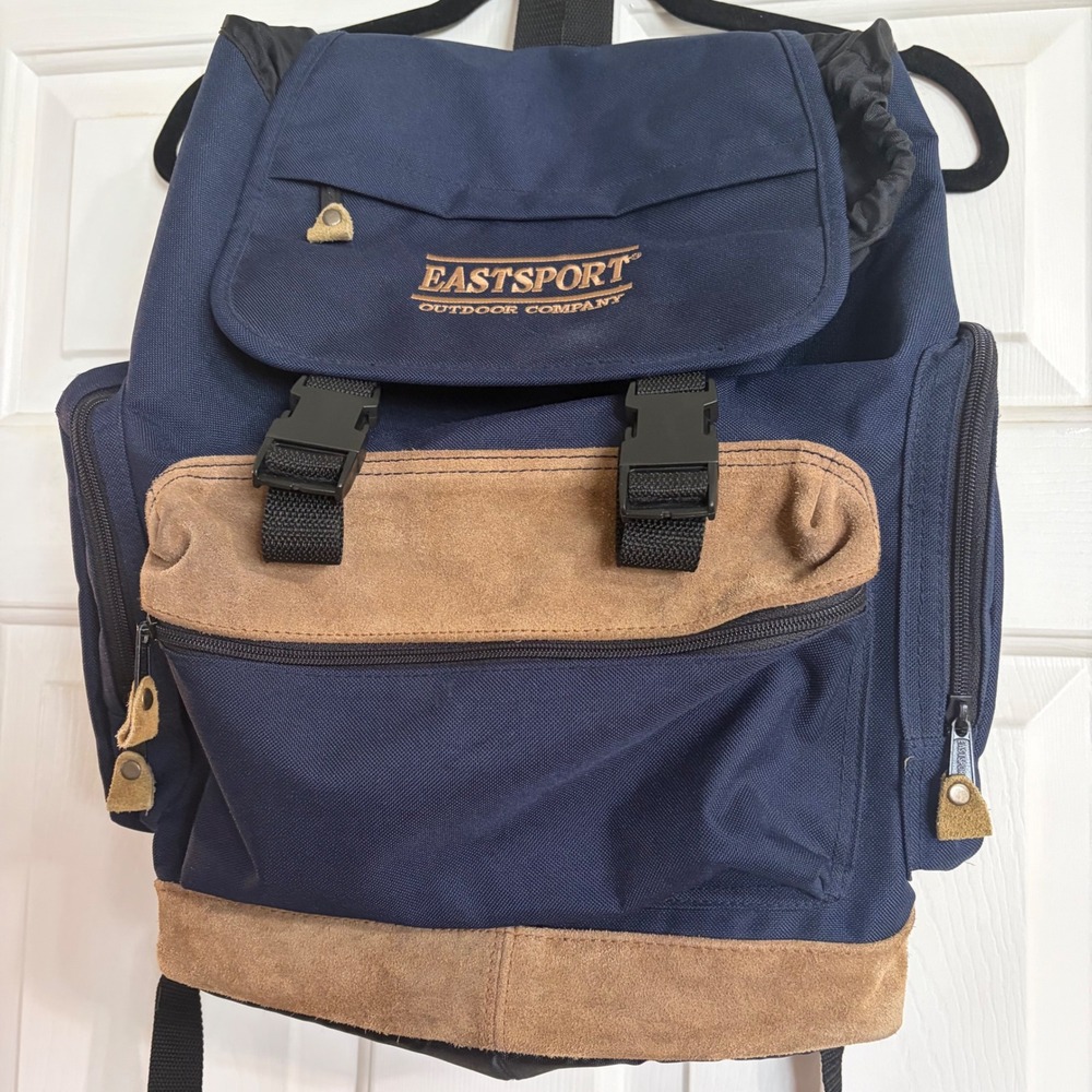 Vintage 90s Eastsport Outdoor Company Backpack Navy Blue Suede Y2K Rucksack 056A